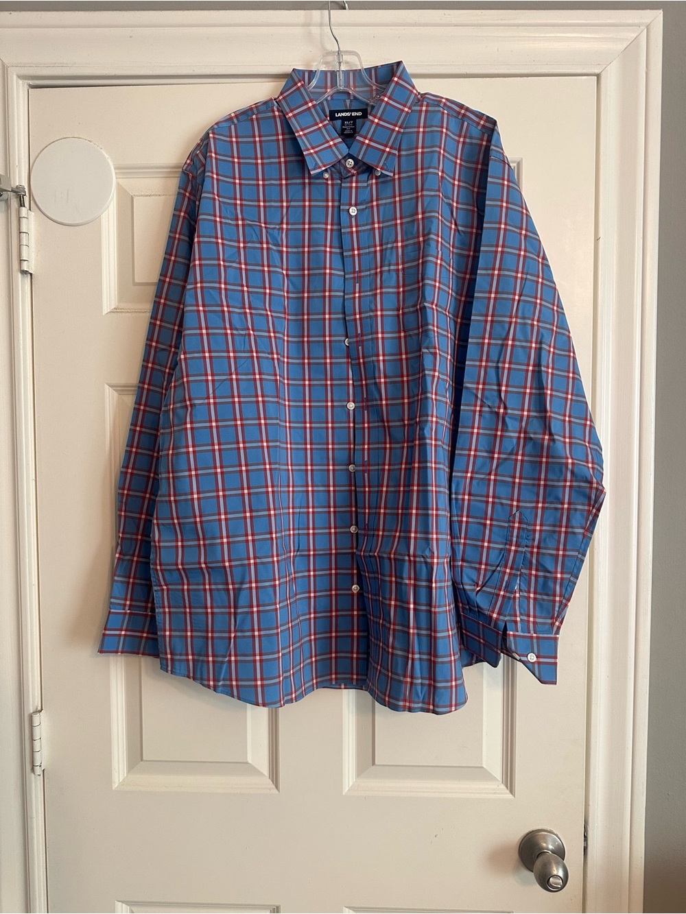 Lands' End Men's Blue and Red Plaid Button-Up Shirt